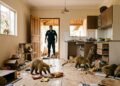 Sala de casa revirada com embalagens no chão e quatis circulando entre a bagunça, enquanto um segurança observa da porta.
