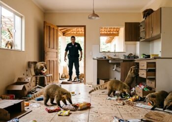 Sala de casa revirada com embalagens no chão e quatis circulando entre a bagunça, enquanto um segurança observa da porta.