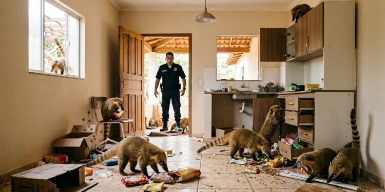 Sala de casa revirada com embalagens no chão e quatis circulando entre a bagunça, enquanto um segurança observa da porta.