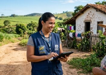 Agente censitário do IBGE com tablet em campo durante coleta de dados do Censo Agropecuário em propriedade rural