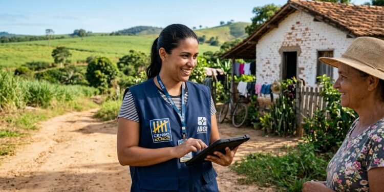 Agente censitário do IBGE com tablet em campo durante coleta de dados do Censo Agropecuário em propriedade rural