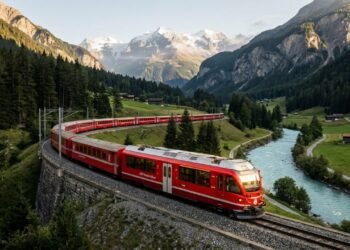 Trem recordista de 100 vagões nos Alpes suíços