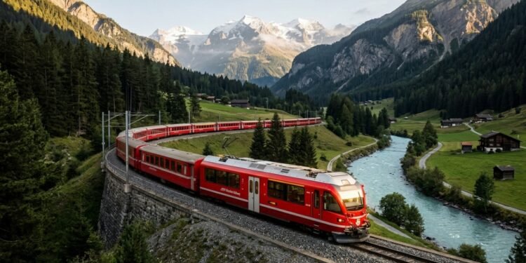 Trem recordista de 100 vagões nos Alpes suíços
