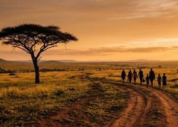 Grupo de pessoas caminhando juntas em trilha na savana africana ao amanhecer com acácia ao fundo