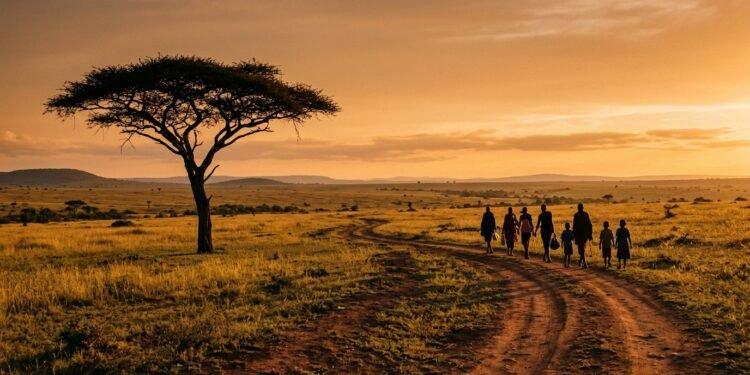 Grupo de pessoas caminhando juntas em trilha na savana africana ao amanhecer com acácia ao fundo