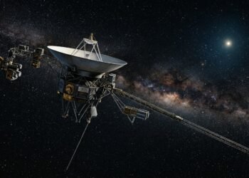 Ilustração da sonda Voyager 1 viajando sozinha pelo espaço profundo, com antena voltada para a Terra distante.