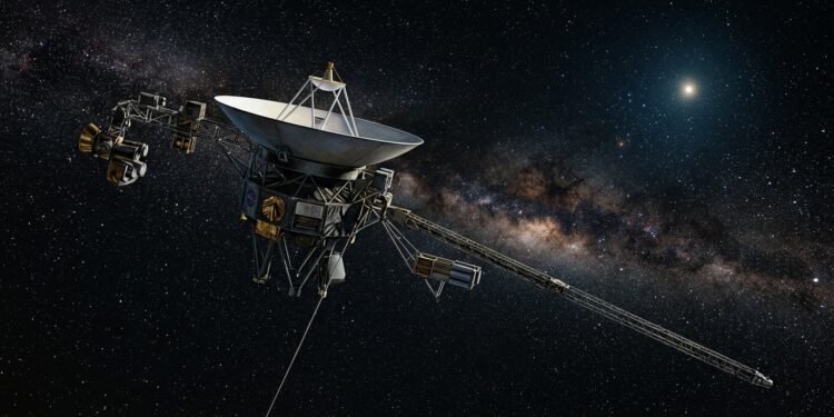 Ilustração da sonda Voyager 1 viajando sozinha pelo espaço profundo, com antena voltada para a Terra distante.