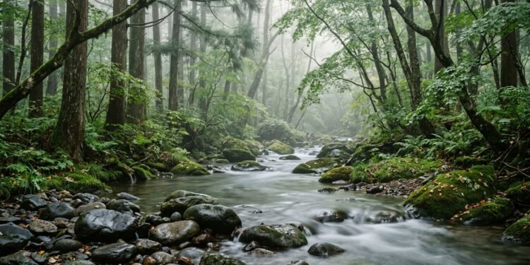 Riacho de águas calmas deslizando sobre pedras lisas em floresta com névoa ao amanhecer