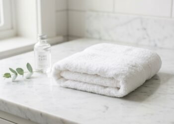 Toalha de rosto branca e macia dobrada sobre uma bancada de mármore próxima a um frasco de produto de cuidados pessoais.