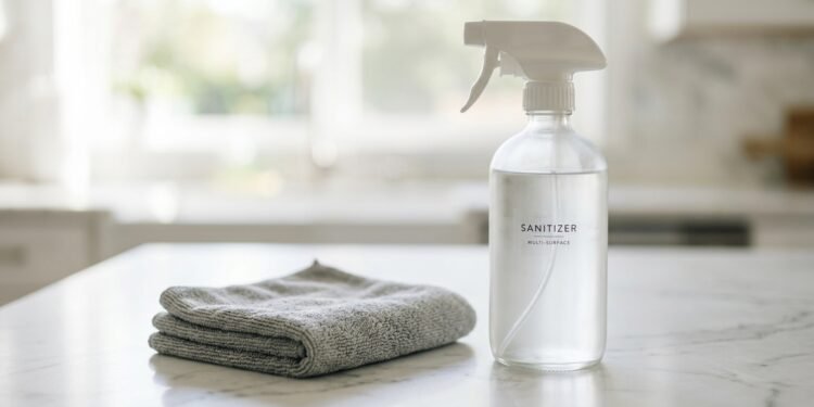 Pano de limpeza dobrado e frasco de spray sanitizante sobre bancada de mármore em cozinha iluminada.