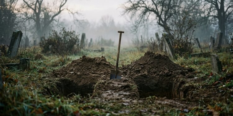 Duas covas recém-abertas lado a lado em um campo enevoado ao entardecer, com uma pá fincada na terra entre elas.