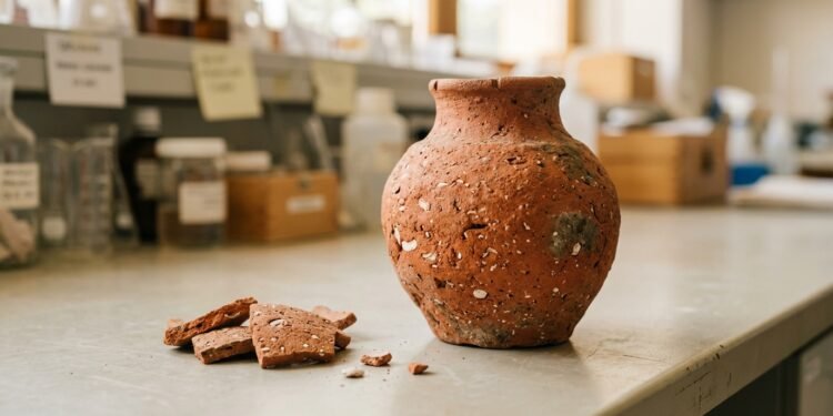 Vasilha de cerâmica antiga avermelhada com fragmentos de concha na massa, ao lado de cacos, sobre bancada clara.