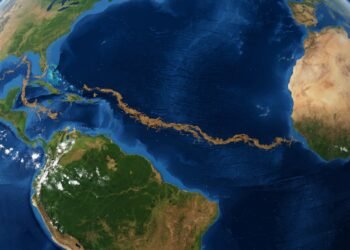 Vista de satélite do oceano Atlântico com uma extensa faixa marrom de algas na superfície