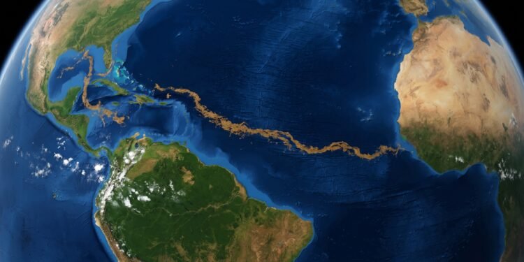 Vista de satélite do oceano Atlântico com uma extensa faixa marrom de algas na superfície
