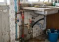 Tubulações e conexões de água sob uma pia em uma casa, em foco, sugerindo manutenção doméstica.