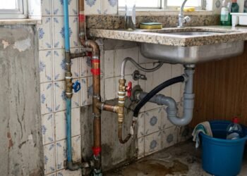 Tubulações e conexões de água sob uma pia em uma casa, em foco, sugerindo manutenção doméstica.