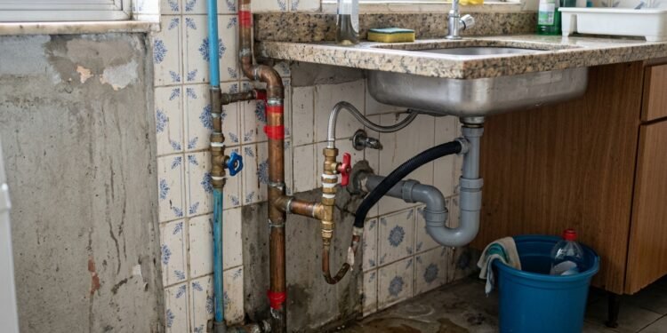 Tubulações e conexões de água sob uma pia em uma casa, em foco, sugerindo manutenção doméstica.