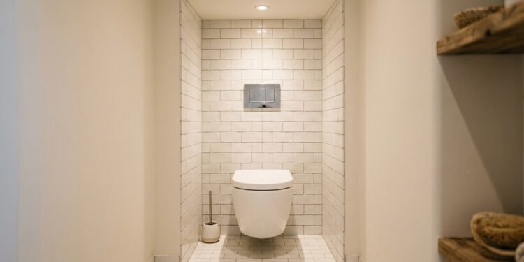 Vaso sanitário branco suspenso instalado em nicho revestido por azulejos, ilustrando a separação funcional de ambientes em banheiros.