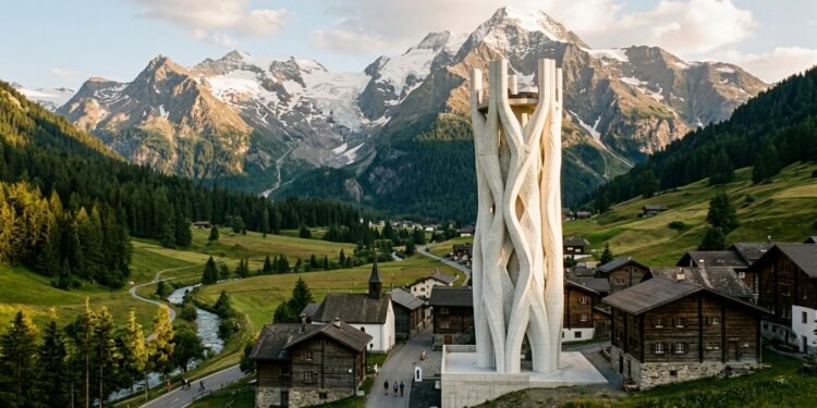 Torre branca impressa em 3D de 30 metros erguendo-se acima dos telhados de pequena vila alpina na Suíça com montanhas ao fundo