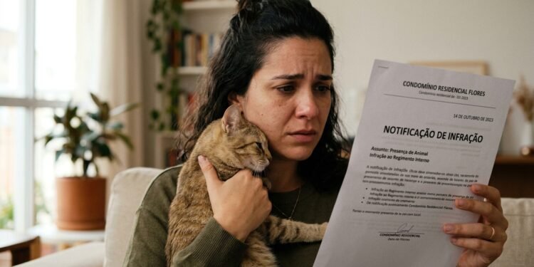 Moradora visivelmente preocupada abraça seu gato enquanto lê uma notificação de infração emitida pelo condomínio.