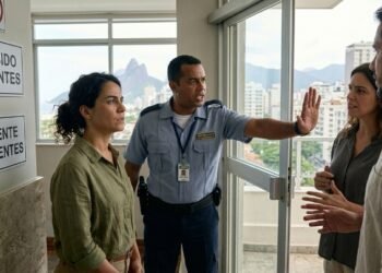 Segurança de condomínio impedindo o acesso de visitantes em área residencial com placas de proibição.
