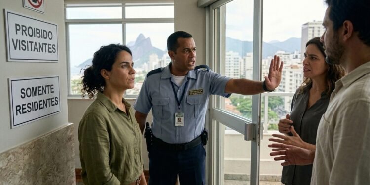 Segurança de condomínio impedindo o acesso de visitantes em área residencial com placas de proibição.