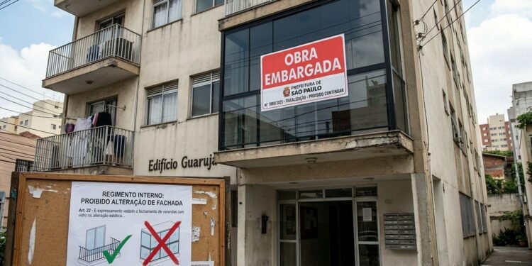 Sacada de apartamento fechada com vidro exibindo adesivo de "Obra Embargada" e aviso de proibição de alteração de fachada em primeiro plano.