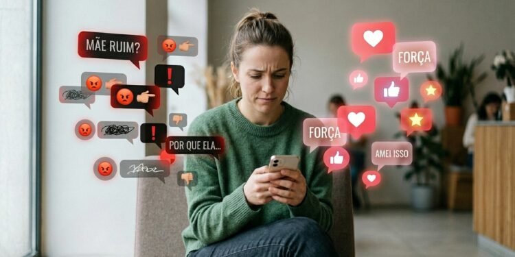 Jovem mãe com celular cercada por balões de comentários críticos e de apoio nas redes sociais.