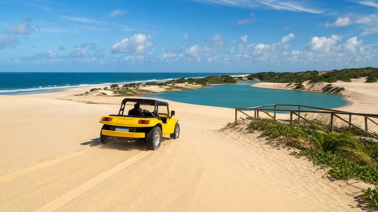 Passeios de buggy pelas dunas reforçam o turismo favorecido pelo tempo aberto.