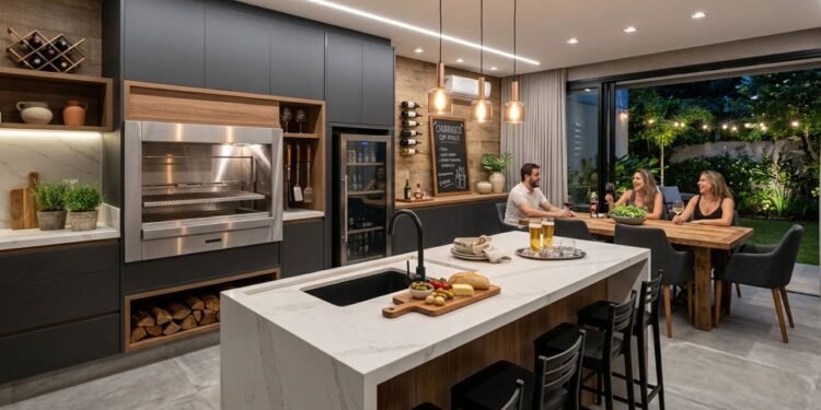 A montagem de uma área gourmet funcional exige eletrodomésticos de alta performance e estruturas que suportem a preparação de alimentos