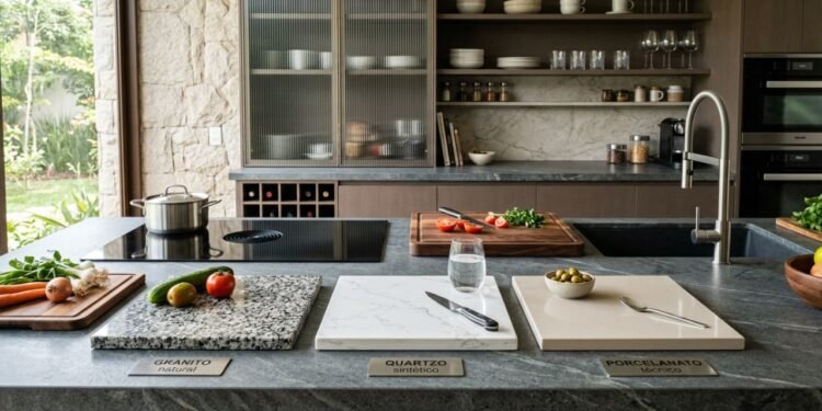 A superfície de quartzo, frequentemente comercializada por marcas como Silestone, destaca-se pela porosidade praticamente nula e excelente uniformidade visual