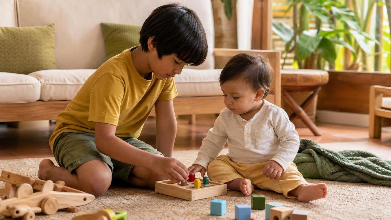 Pequenas brincadeiras adaptadas revelam atenção emocional e responsabilidade entre irmãos.