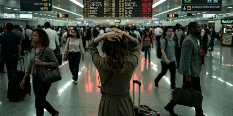 Terminal de aeroporto brasileiro movimentado com painel de voos ao fundo