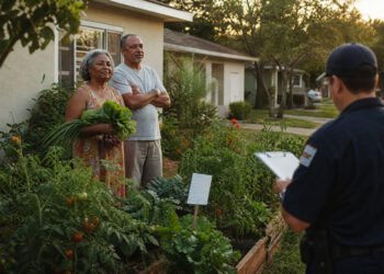 Casal sorridente segurando verduras colhidas em frente à horta no jardim da frente de uma casa suburbana.