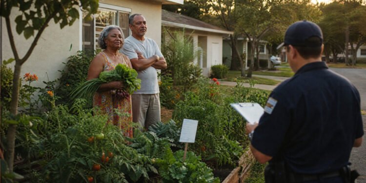 Casal sorridente segurando verduras colhidas em frente à horta no jardim da frente de uma casa suburbana.