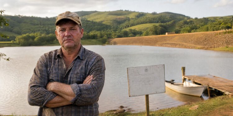 Homem à beira de um grande lago represado em propriedade rural arborizada, com barragem de terra ao fundo.