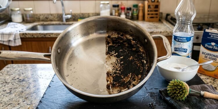A mistura de vinagre e bicarbonato gera uma reação efervescente que ajuda a desprender os resíduos carbonizados