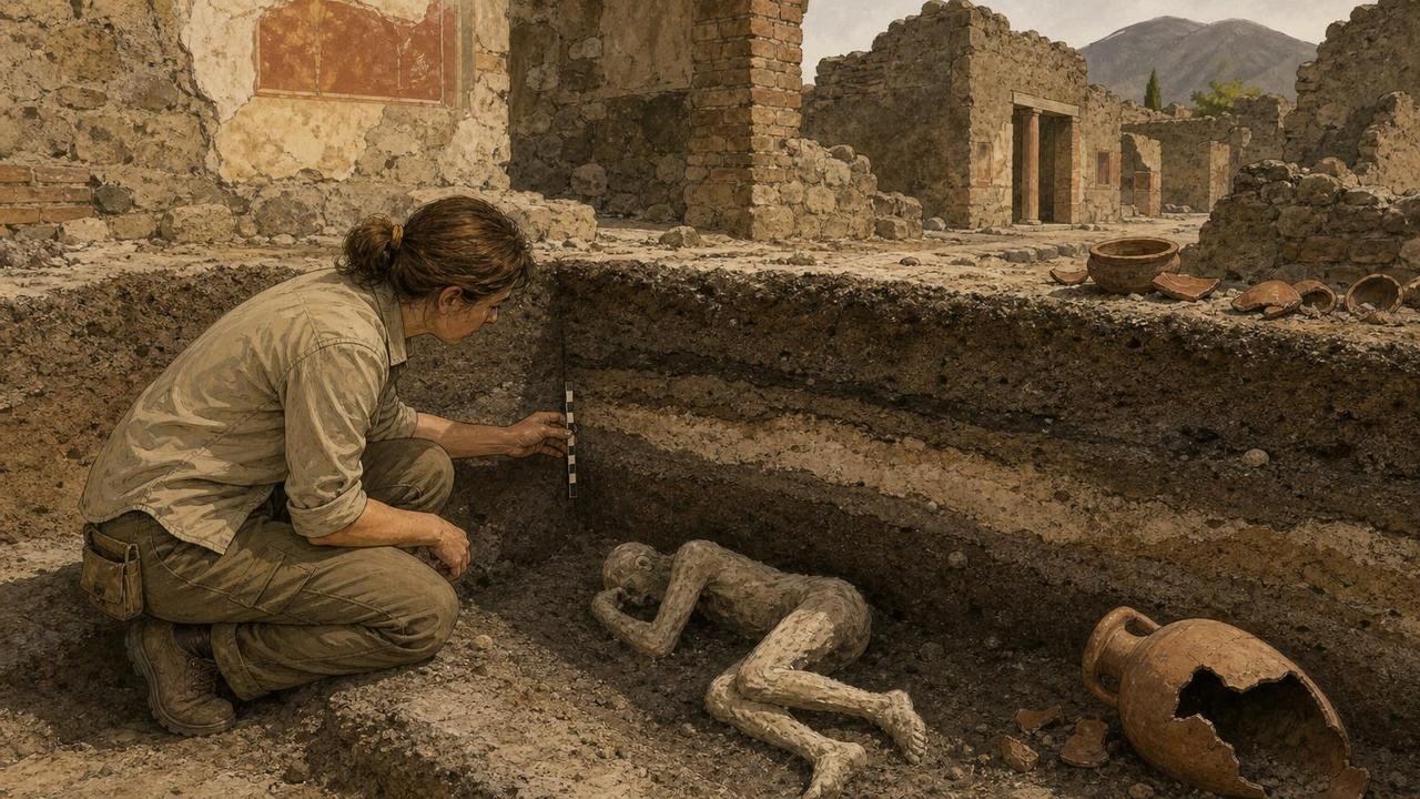Cinzas vulcânicas e escavação estratigráfica ajudam a interpretar a catástrofe em Pompeia.
