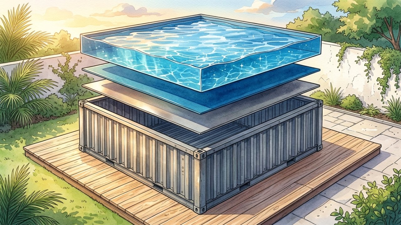 Piscina elevada feita com contêiner marítimo