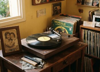 fones de ouvido sobre uma mesa limpa com luz suave incidindo, sem pessoas, ambiente silencioso e minimalista transmitindo foco e conexão emocional com a música