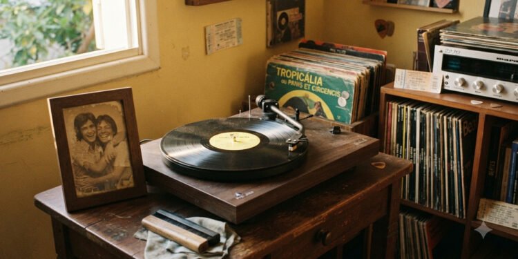 fones de ouvido sobre uma mesa limpa com luz suave incidindo, sem pessoas, ambiente silencioso e minimalista transmitindo foco e conexão emocional com a música