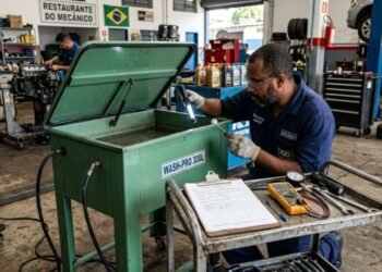 Oficina compra lavadora de peças seminova por R$ 9.500, o reservatório apresenta fissuras internas que vazam solvente no pátio e causam notificação do órgão ambiental