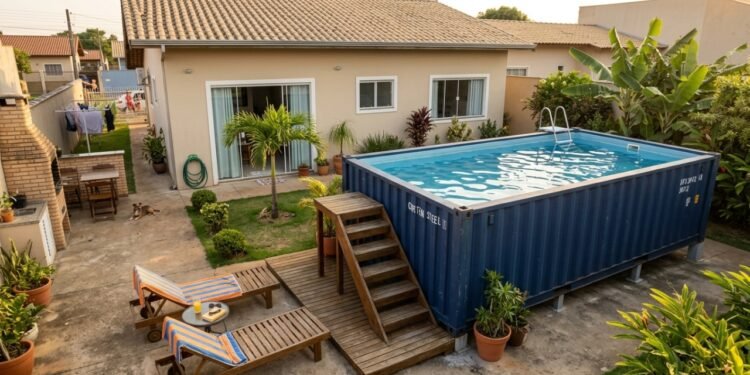 Piscina elevada feita com contêiner marítimo