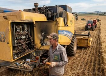 Agricultor familiar adquire colheitadeira de segunda mão por R$ 220 mil, o sistema elétrico queima no meio da safra e a revenda alega que o contrato assinado continha cláusula de “isenção total de garantia”.