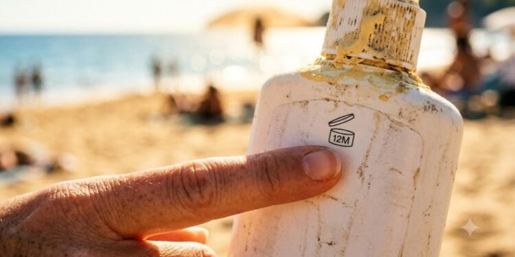 Mão segurando frasco de protetor solar vencido com creme amarelado e textura separada, com ombro queimado de sol ao fundo na praia