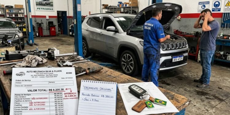 O motorista Carlos deixou o veículo no estabelecimento acreditando que faria apenas a manutenção de rotina acertada previamente.