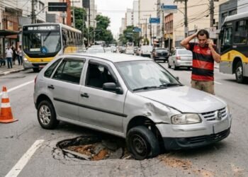 Motorista cai em um buraco profundo não sinalizado em uma avenida principal da cidade, rasga os dois pneus e quebra a suspensão do carro gerando prejuízo de R$ 4.200 reais