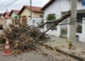 Equipe da prefeitura realiza a poda das árvores da rua, deixa uma pilha de galhos pesados sobre a calçada por duas semanas e um vendaval arremessa a madeira contra o padrão de energia de uma residência