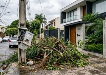 Equipe da prefeitura realiza a poda das árvores da rua, deixa uma pilha de galhos pesados sobre a calçada por duas semanas e um vendaval arremessa a madeira contra o padrão de energia de uma residência