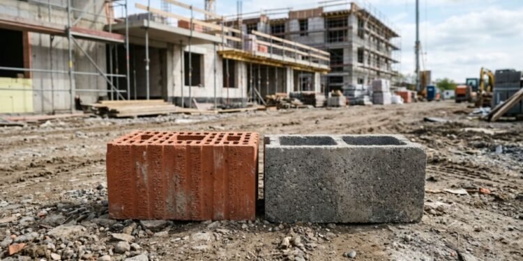 O bloco de concreto apresenta um formato robusto e dimensões exatas que agilizam o alinhamento das fiadas no canteiro de obras